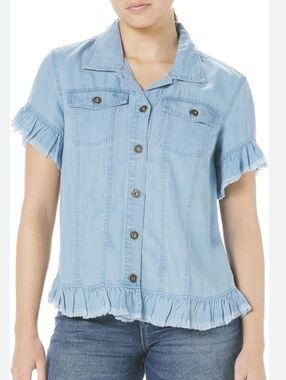 Multiples Blue Chambray Short Sleeve Blouse Jean Jacket XL